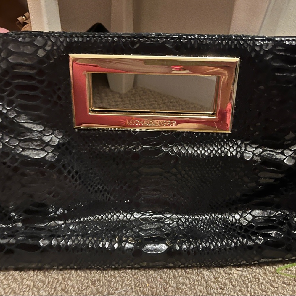 Michael Kors Black Snakeskin Wristlet with Gold Frame
